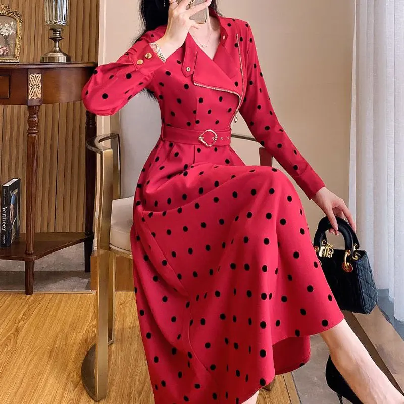 Office Lady Elegant Tailored Collar Dresses Polka Dot Spring Autumn Women\'s Clothing A-Line Sashes Chic Asymmetrical Long Dress