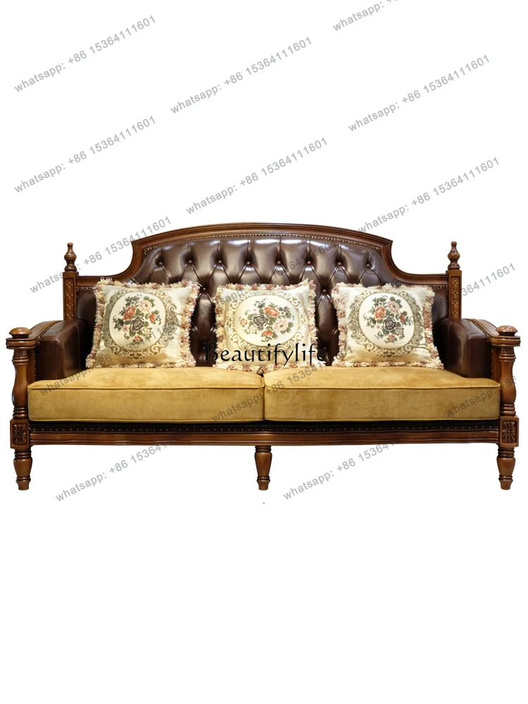 12American Country Solid Wood Leather Sofa Top Layer Cowhide Retro Large Apartment Living Room Furniture