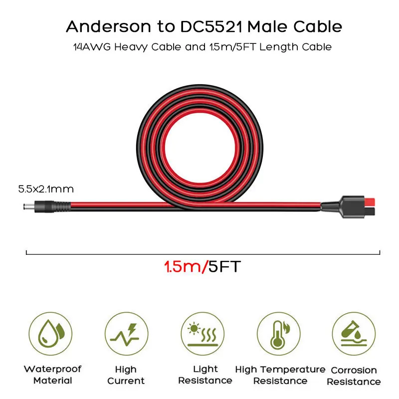 DC 5.5mm X 2.1mm Connector Extension Cable for Portable Power Station Solar Generator, Compatible with 15/30/45A Anderson Port.