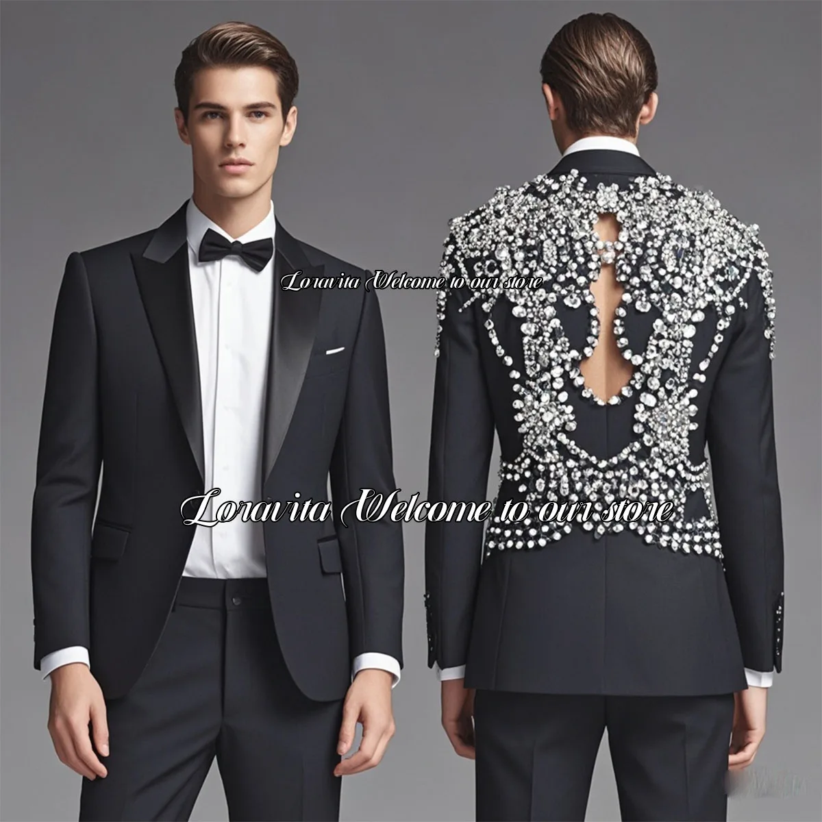 Sparkling Crystal Decor Men Suits Slim 2 Pieces Set Male Prom Blazers Luxurious Peaked Lapel Groom Wedding Tuxedos ropa hombre