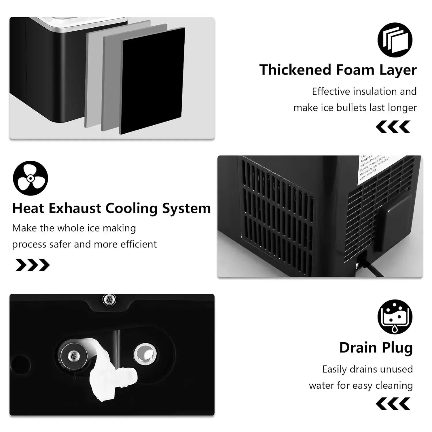 Compact Countertop Ice Maker, 9 cubos grossos, pronto em 6 minutos a 9 minutos, produz 26,5 libras, em 24Hrs, inclui colher de gelo e cesta