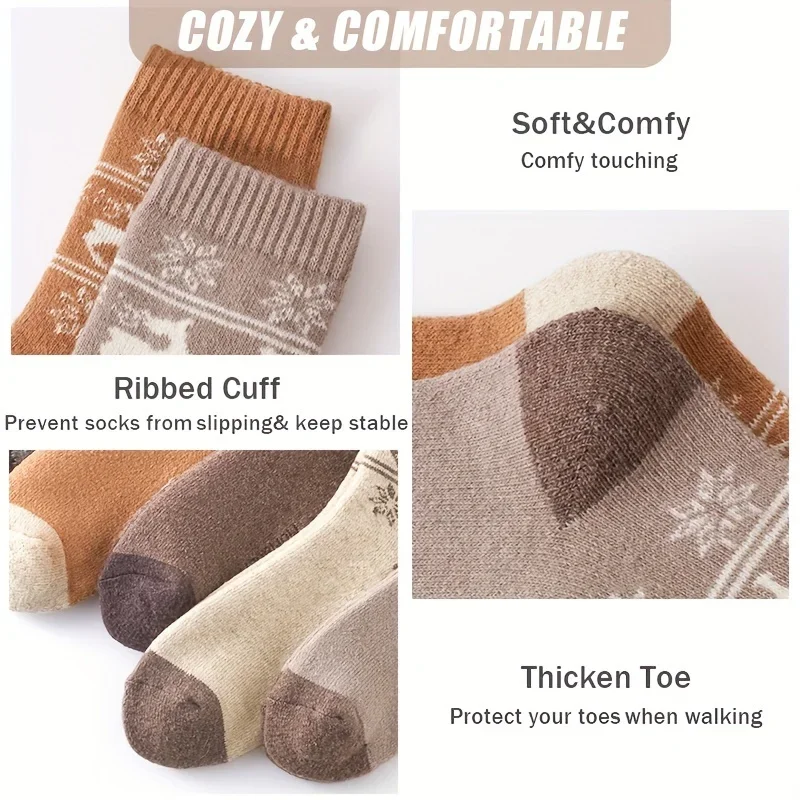 5Pairs Wolle Socken Männer Frauen Winter Schnee Thermische Kaschmir Verdicken Fleece Terry Schleife Socken Weihnachten Geschenk Wandern Mittelrohr