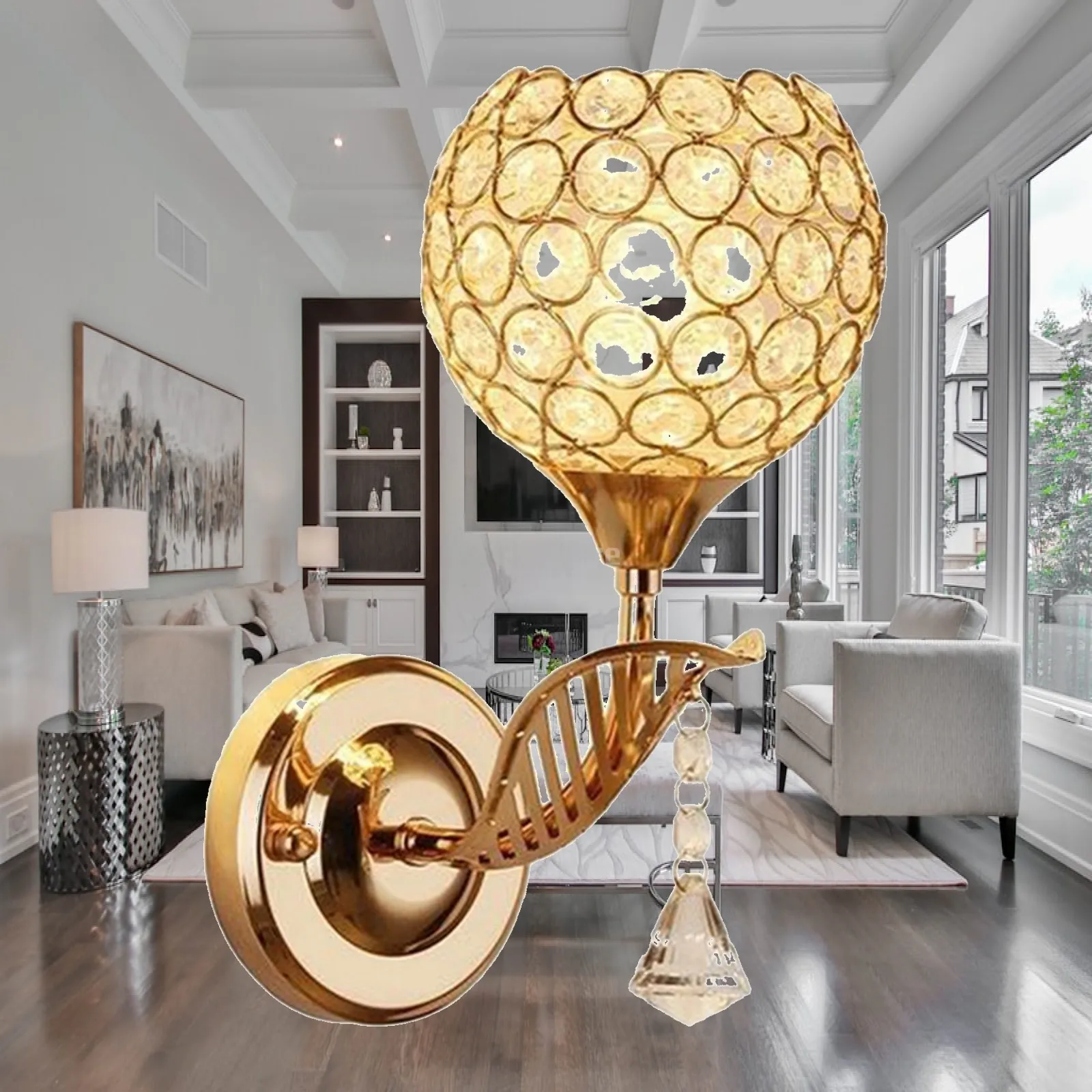 Vintage Style Crystal Wall Light Gold Frame LED E26 Sconce with Switch for Bedroom Living Room Hallway Hotel Lighting
