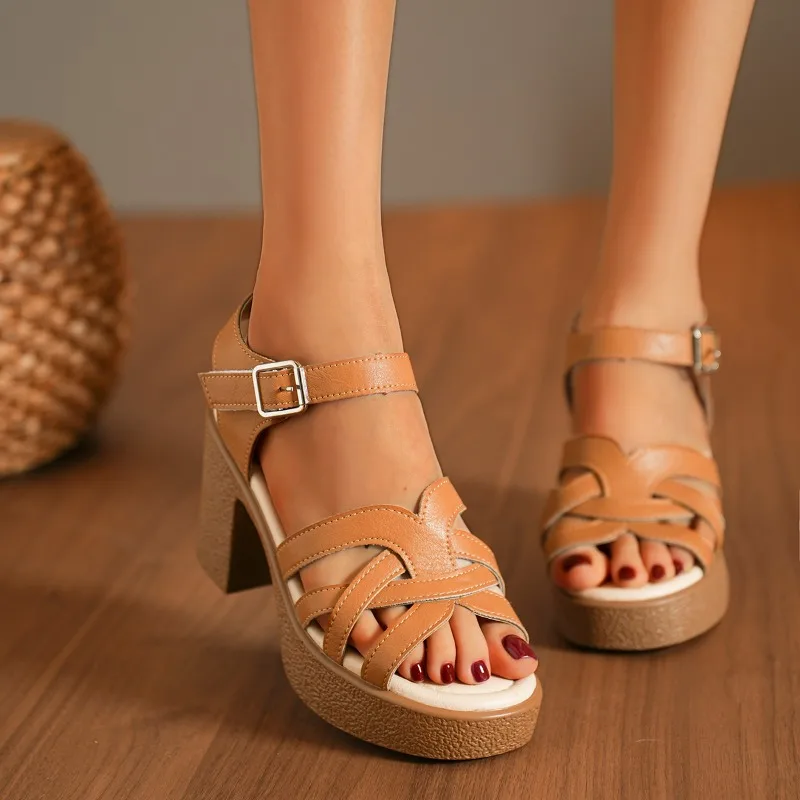 

Новые летние женские туфли на высоком каблуке с металлической пряжкой, удобные босоножки на платформе с открытым носком, размеры 36-43, Zapatos De Mujer