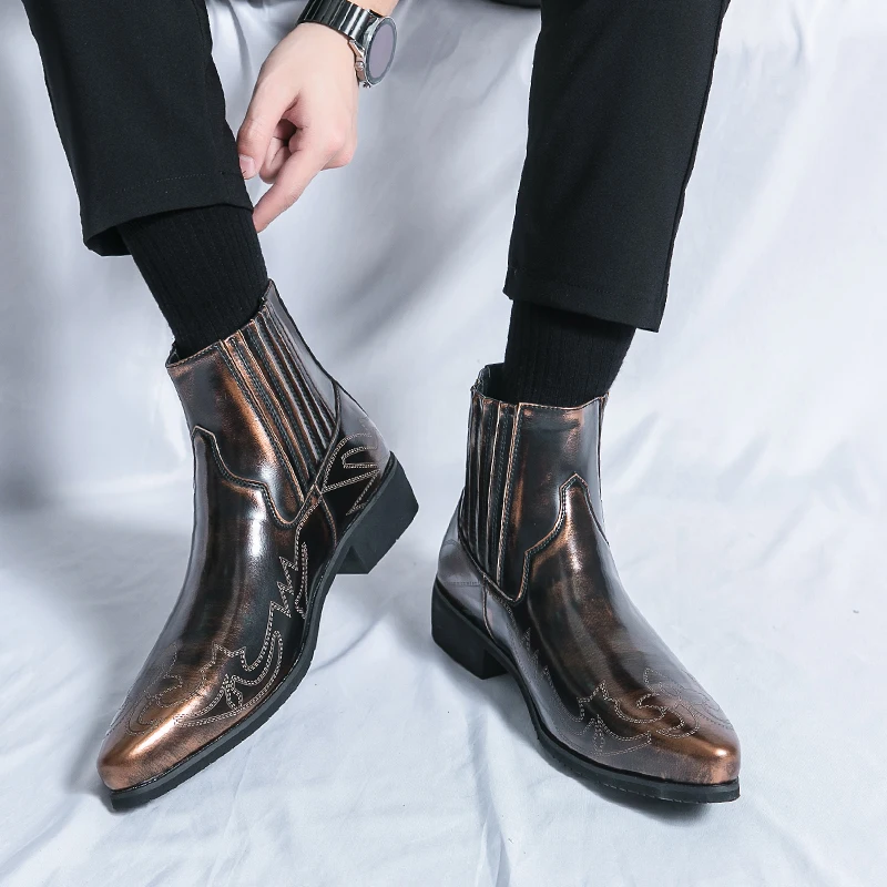 Men High Top Pointed Chelsea Boots Classic Burnt Flower Embroidery Retro Fashion Hairstyle Shoes
