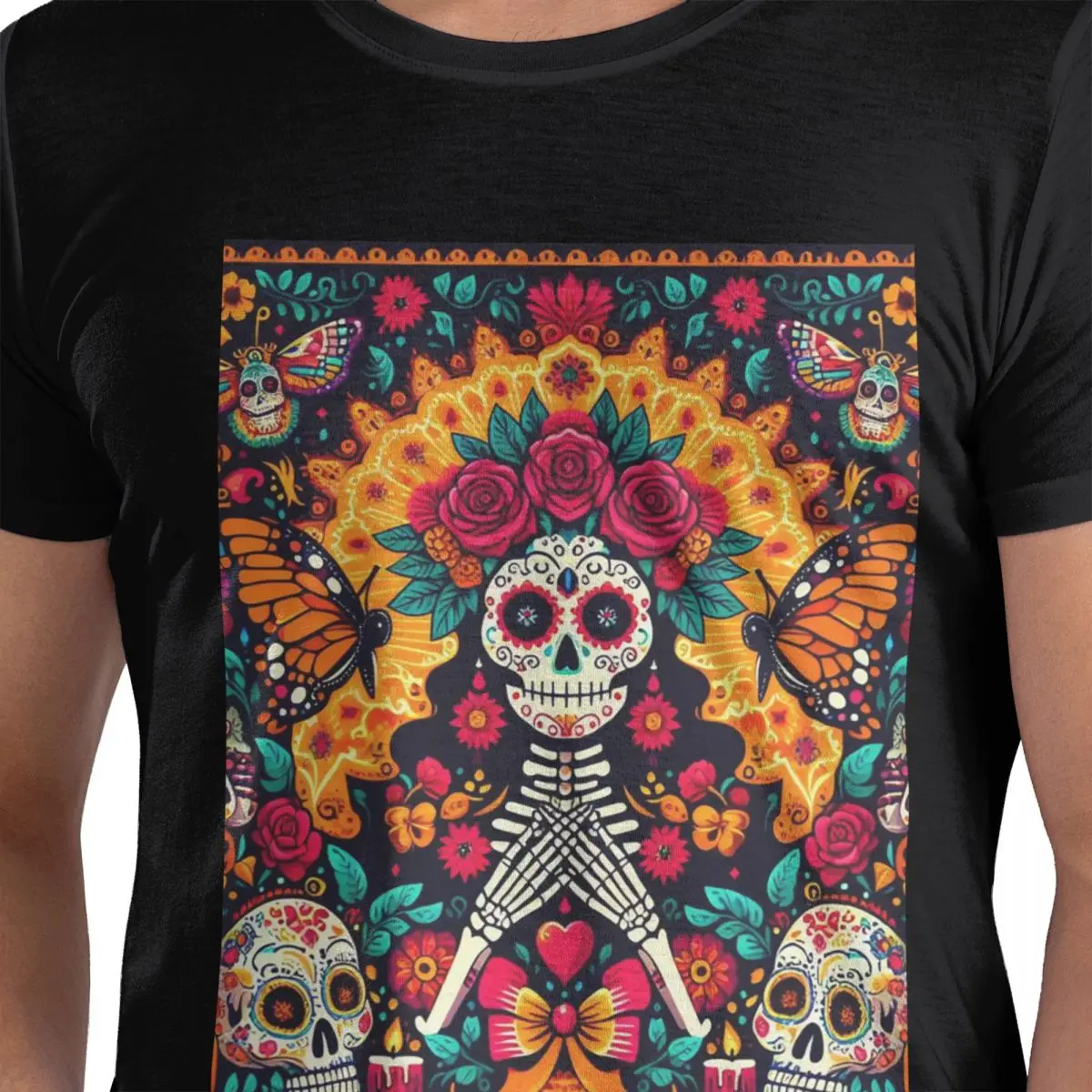 

Футболка из 100% хлопка с мексиканским сахарным черепом и цветами, мужские забавные футболки, мужские футболки с круглым вырезом и коротким рукавом, S-6XL