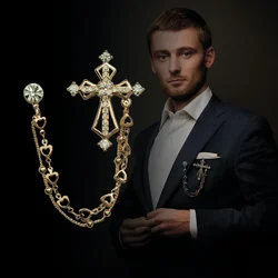 High End British Style Vintage Crystal Cross Brooch Pin Double Chain Lapel Pins and Brooches Suit Badge Shirt Collar Accessories