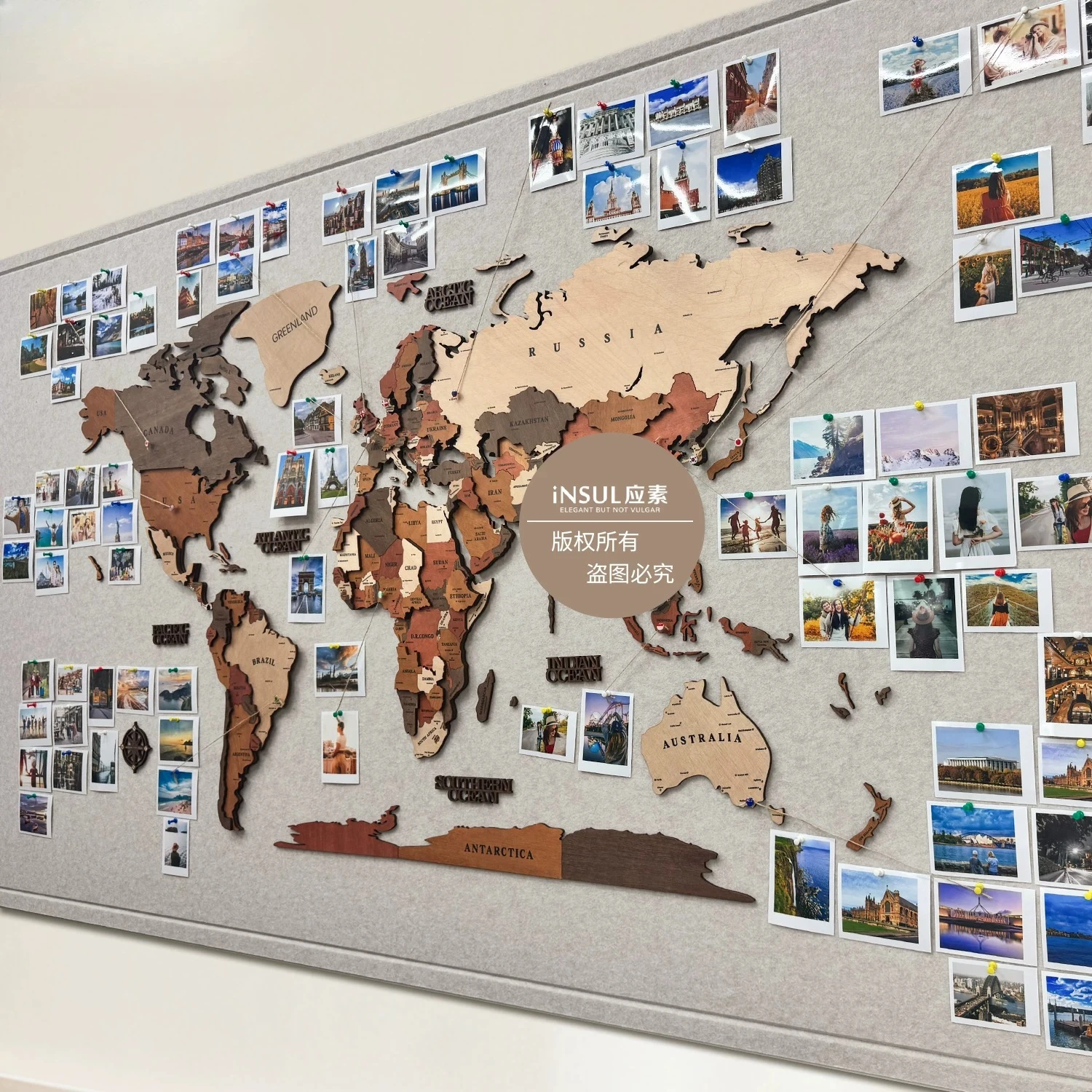 World map, travel record wall, wooden 3D map, felt board photo, wall DIY footprint
