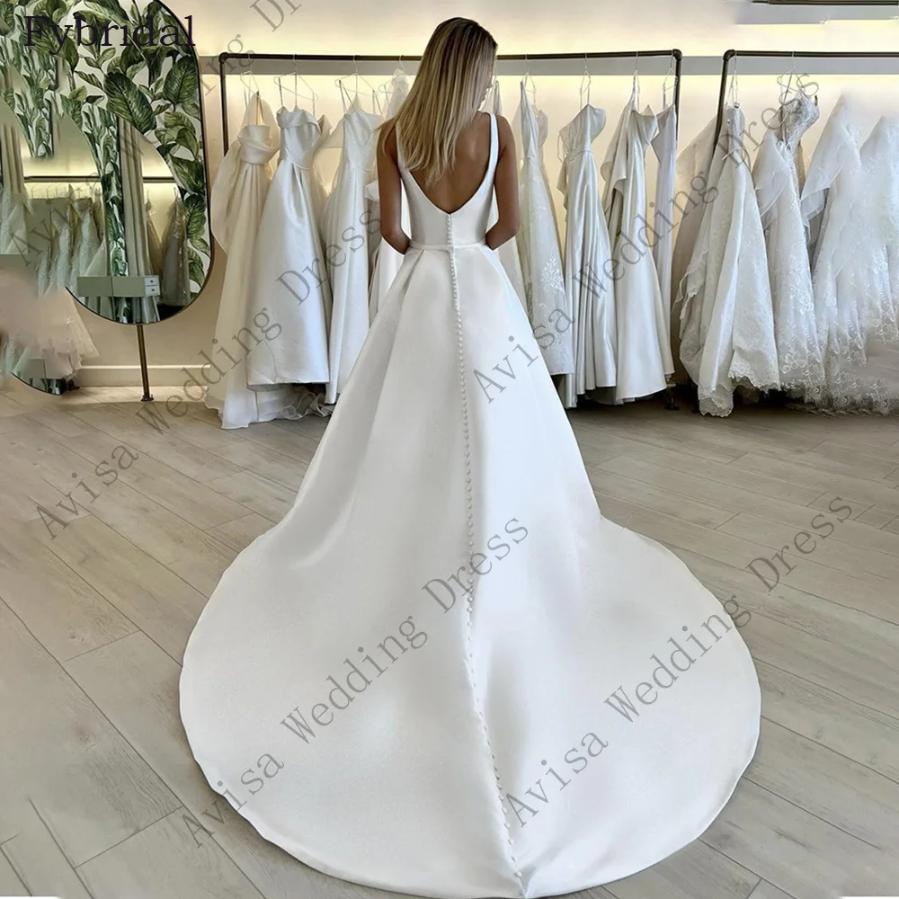 Vestido de casamento simples, cintas de espaguete, colarinho quadrado, cetim, sem encosto, fenda lateral, vestidos de noiva, vestidos de festa