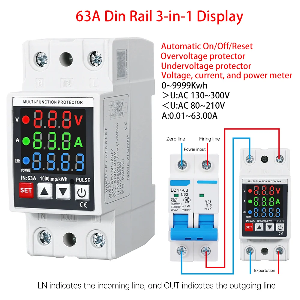 

63A Din Rail 3-in-1 Display Adjustable Over Voltage Current and Under Voltage Protective Device Protector Relay Volt Power Meter