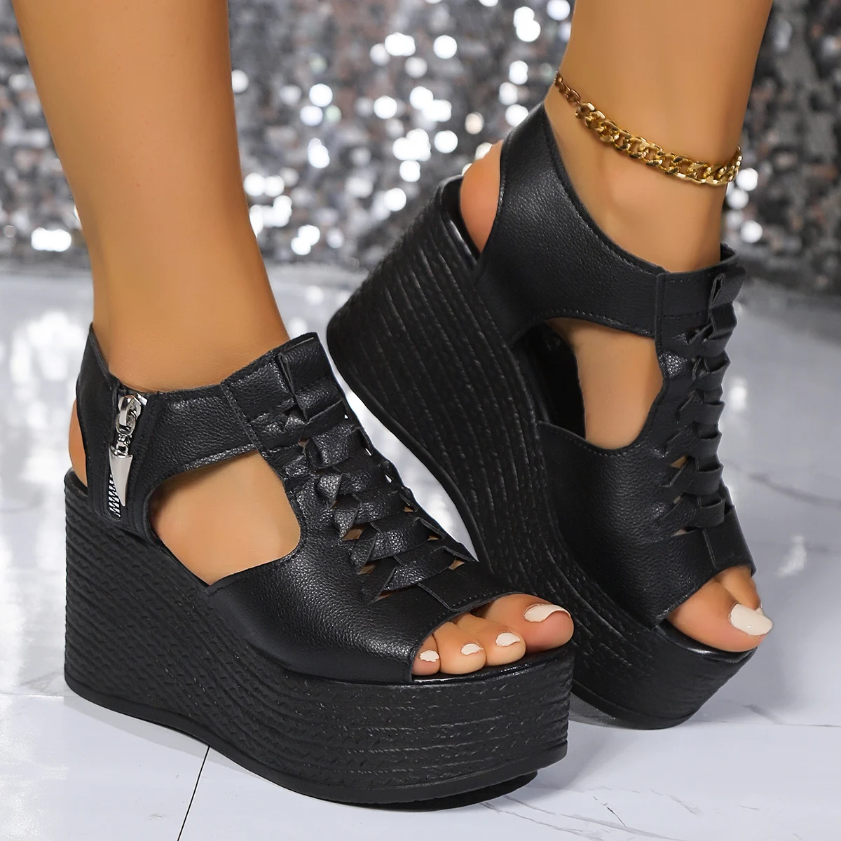 Women\'s Wedges Sandals High Heels Rubber Sandals for Women 2024 New Summer Ladies Shoes Solid Zipper Women Platform Sandals