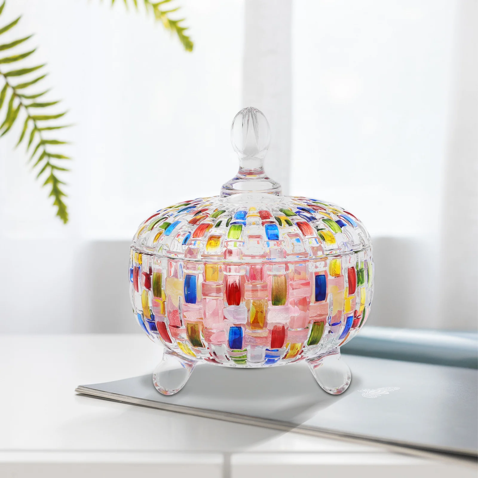 

Colorful Glass Candy Jar Woven Pattern Lid Decorative Candy Container Snacks Biscuits Chocolates Nuts Sweet Dish