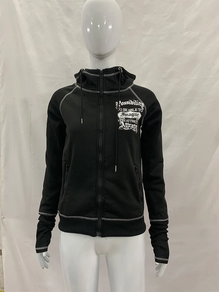 Herbst Winter Damen Y2K Gothic Zip-Up Hoodie mit Leopardenfutter, Totenkopf- und Buchstabendruck, Slim Fit, Langarm, Streetwear, mit Kapuze – Detail 6
