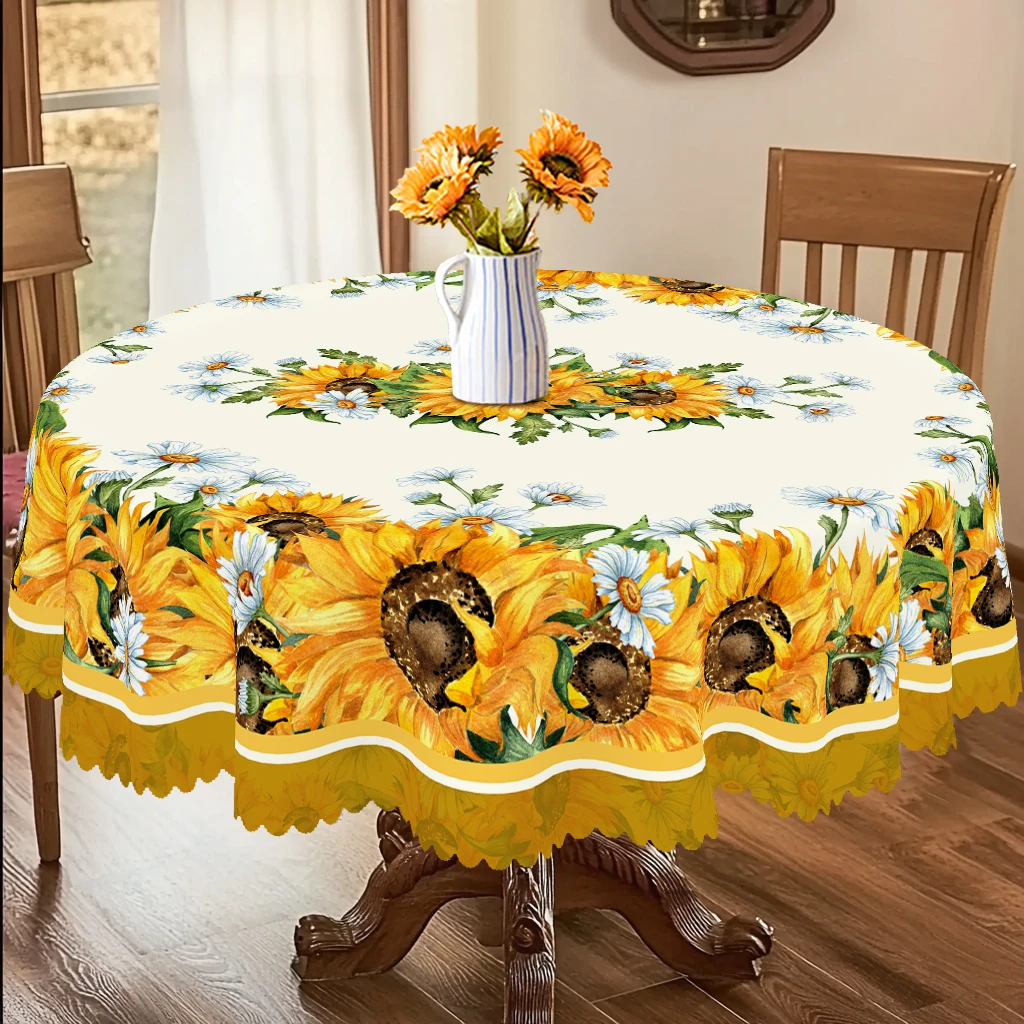 1 Piece of Sunflower Pattern Printed Themed Round and Rectangular Tablecloth, Various Sizes, Elegant Spring and Summer Floral Design, French Fresh, Suitable for Kitchen, Afternoon Tea, Picnic Tablecloth, Suitable for Easter, Birthday Party, Mother's Day Gifts