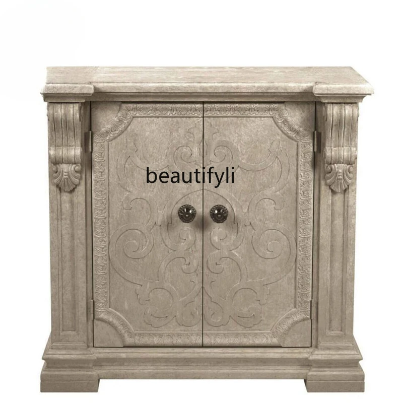 

American Light Luxury Entrance Cabinet Vintage Gray Carved Shoe Cabinet French Country Distressed Furniture Solid Wood Sideboard