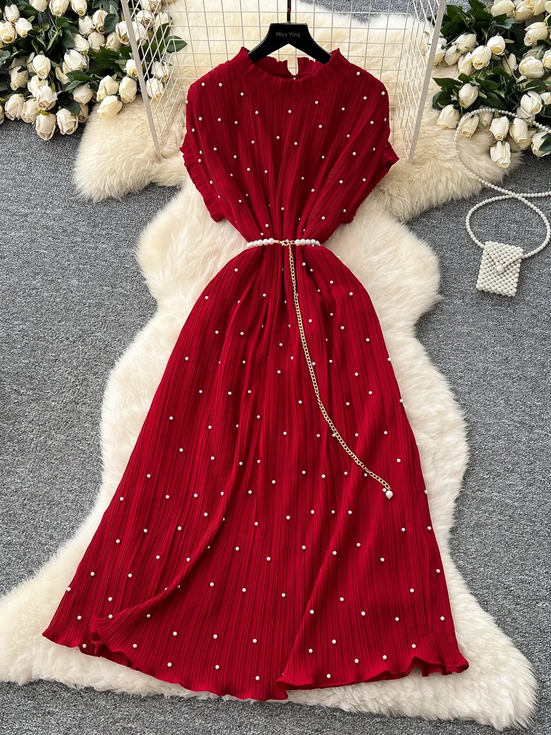 

Ele Long Dr Women's Summer Faion High Waist ort Sve Pleated Waist Cinching Heavy Embelliment Wrap Dr