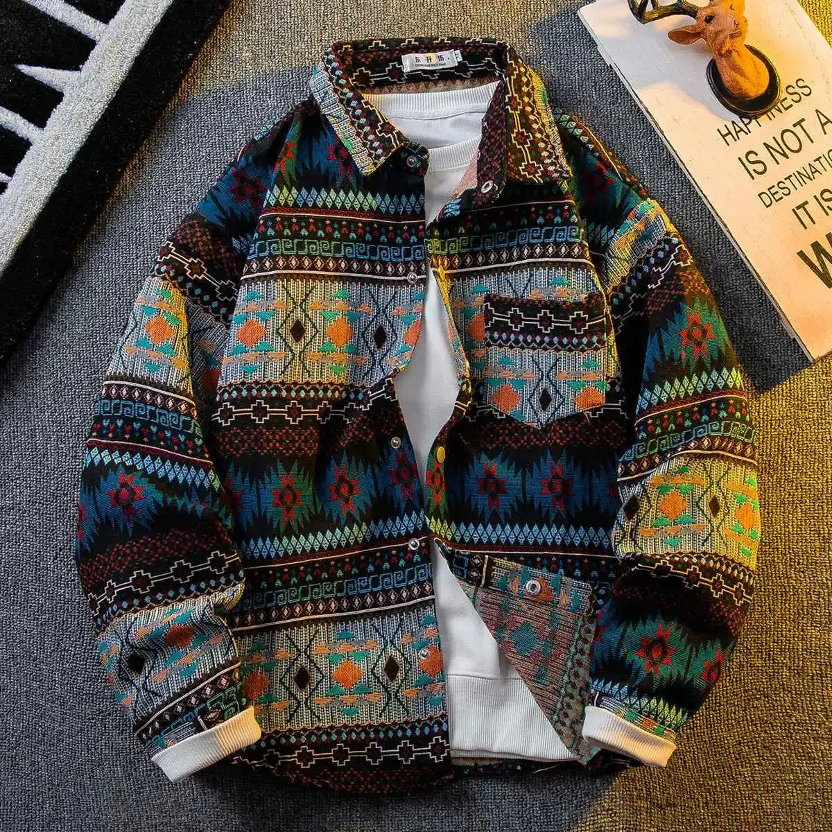 

Men's American Retro Indian Ethnic Style Shirt Male Long Sleeved Trend Artistic Jacquard Lapel Shirt Jacket Vintage Men Clothing