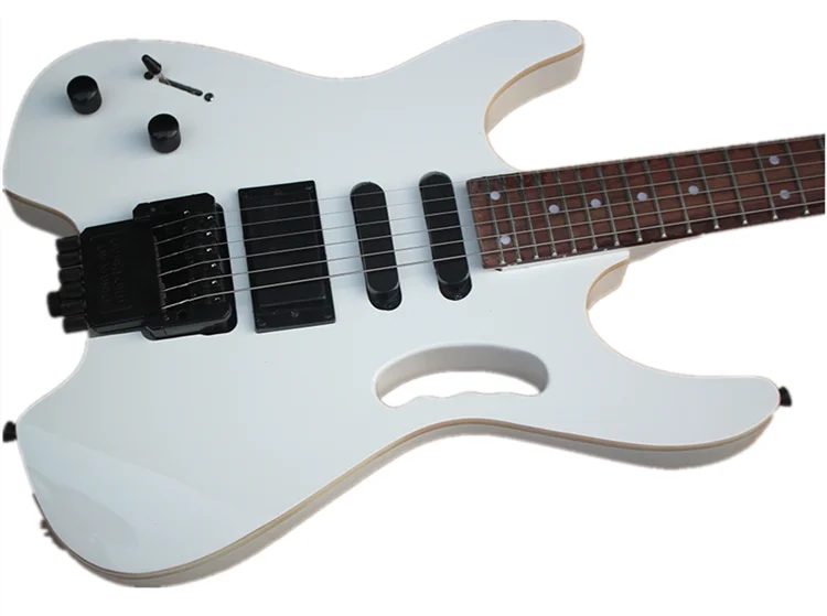 Headless Left Handed White Electric Guitar with Black Hardware,Offer Customize