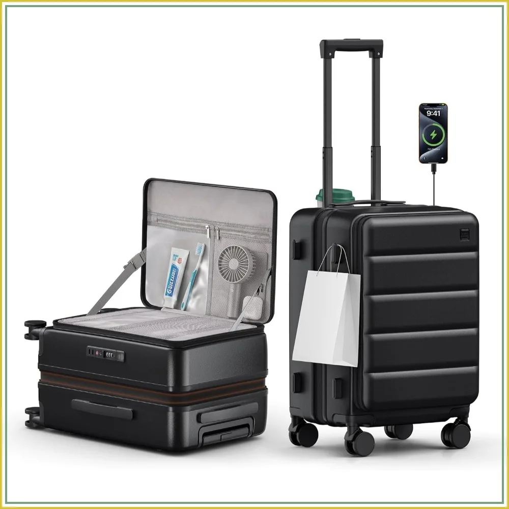 

Expandable 20in Carry On Luggage Airline Approved - Top Opening Hardside Suitcase with Cup Holder, USB Port, Side Hook, 360° Spinner Wheels, TSA Lock - Black