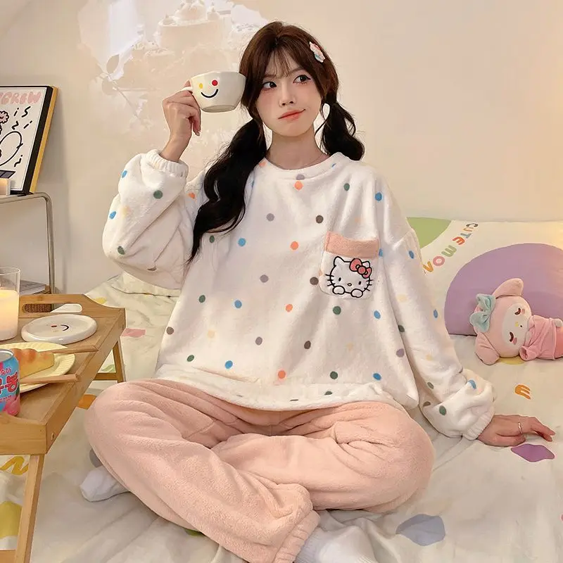 

Kawaii Cute Sanrio Hello Kitty Round Neck Women Pajamas Warm Long-sleeved Pants Two-piece Loose Casual Can Go Out Homewear Suit