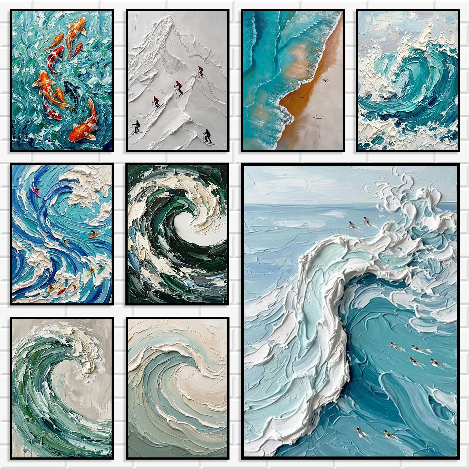Thick Texture Ocean Wave Koi Fish Canvas Wall Art Abstract Seascape Mountain Ski Posters Prints Modern Living Room Home Decor