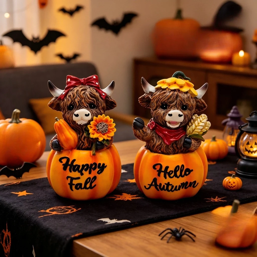 2PCS Halloween Highland Cow Resin Figurine for Creative Garden and Courtyard Decor Home and Outdoor Ornament or Gift