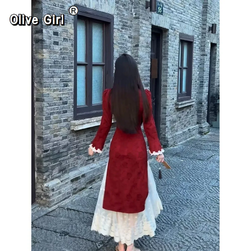 فستان صيني دانتيل زهرة شيونغسام تشيباو 2025 ملابس نسائية جاكار مطرز الربط وهمية قطعتين فستان شيونغسام