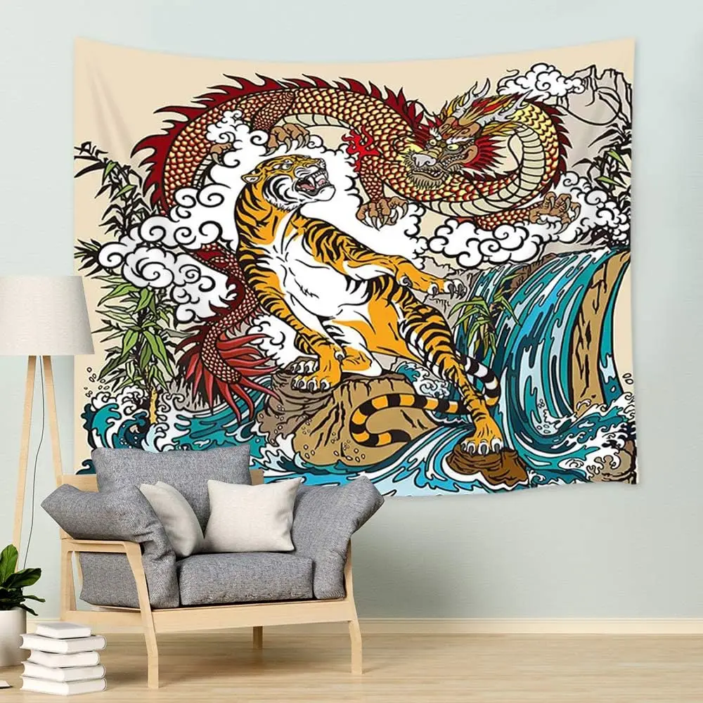 Luxurious Dragon Tiger Wave Tapestry Wall Hanging Asian Oriental Mythology Art Print for Home Decor Bohemian Style Nautical Deco