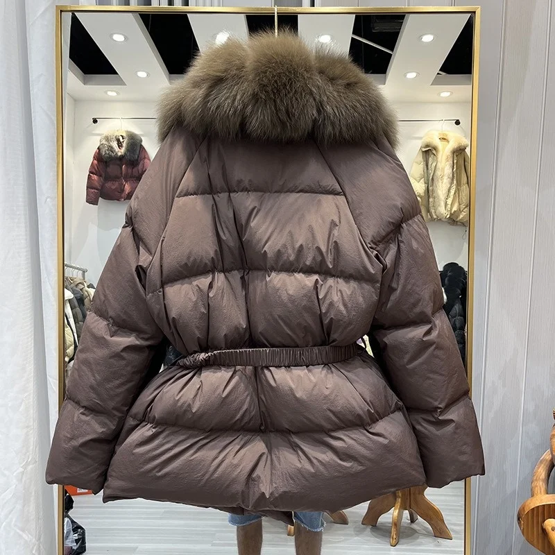 Fashion Winter Women Duck Down Coat with Big Fur Collar Belt Coat Real Fox Fur Puffer Jacket Female Women's Parka Jacket Clothes