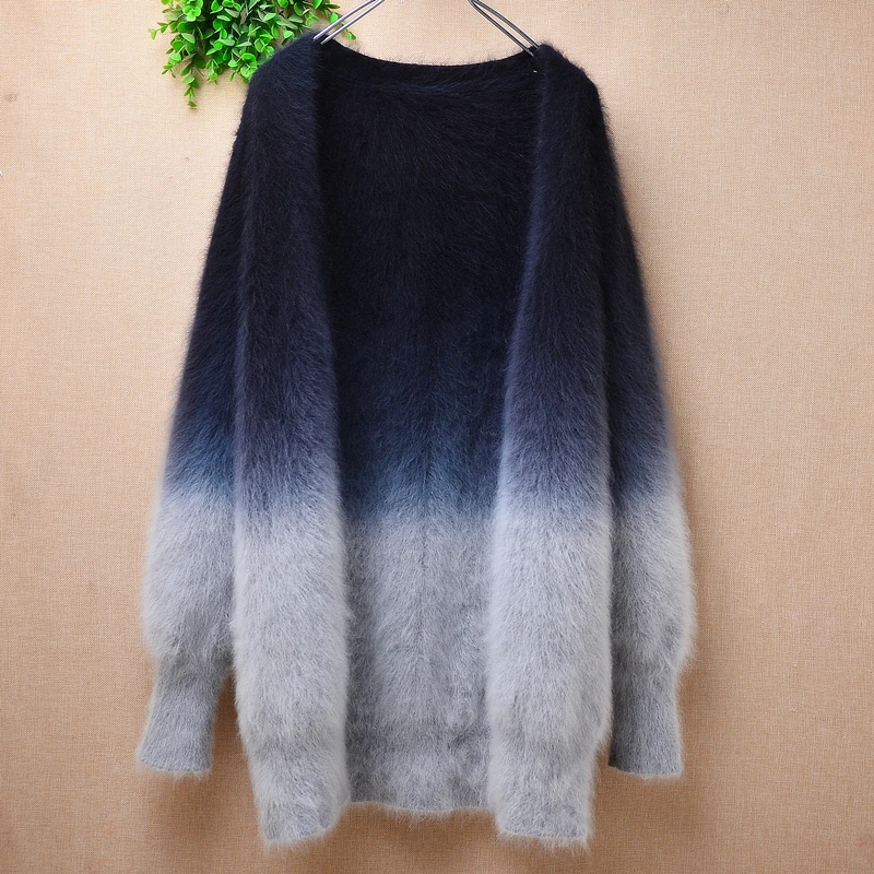 Ladies Women Spring Autumn Clothing Hairy Mink Cashmere Knitted Long Lantern Sleeves Slim Cardigans Angora Fur Jacket Mantle Top