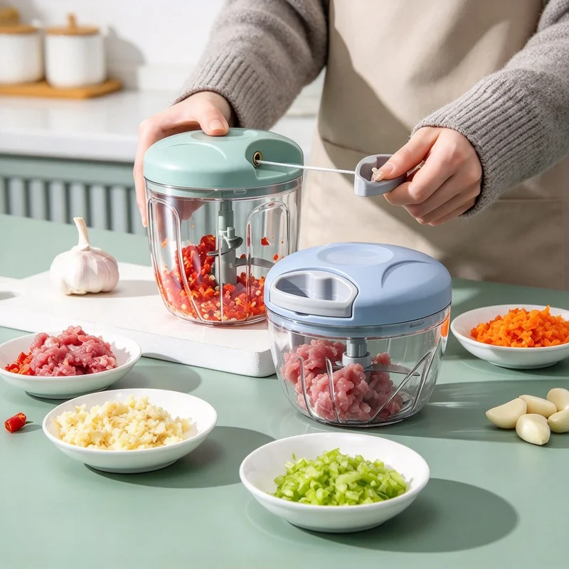 500/900ML Manual Meat & Vegetable Chopper, Rotating Garlic Crusher Onion Cutter, Multifunctional Kitchen Gadget