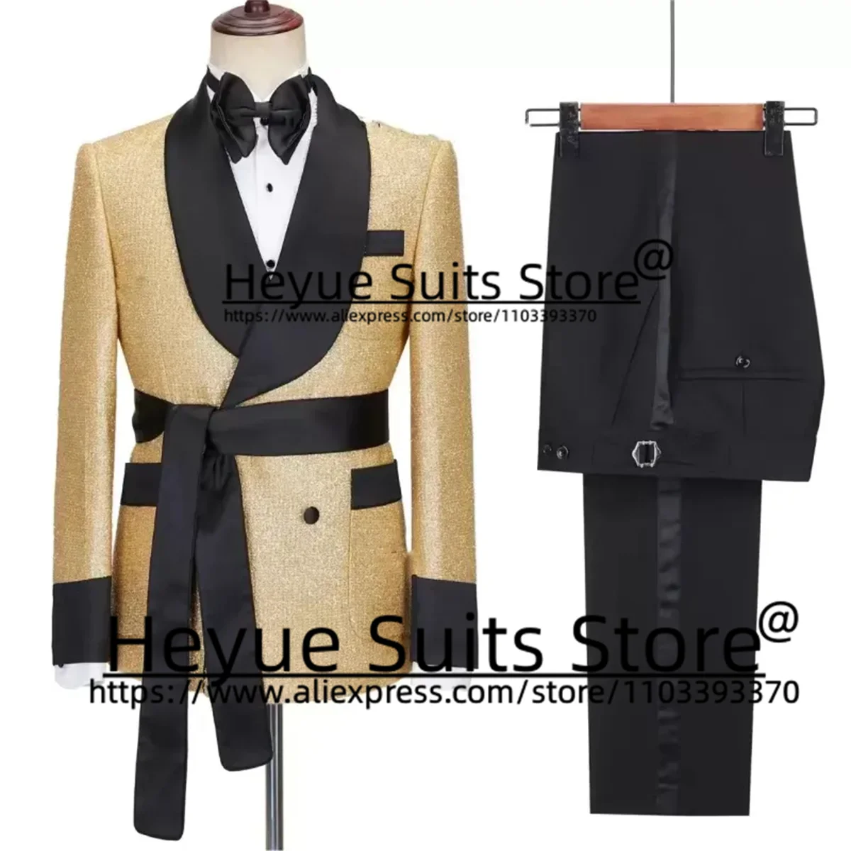 

Golden Luxuly Jacquard Wedding Suits For Men Slim Fit Shawl Lapel Groom Prom Tuxedos 2 Pieces Sets traje de hombre elegante