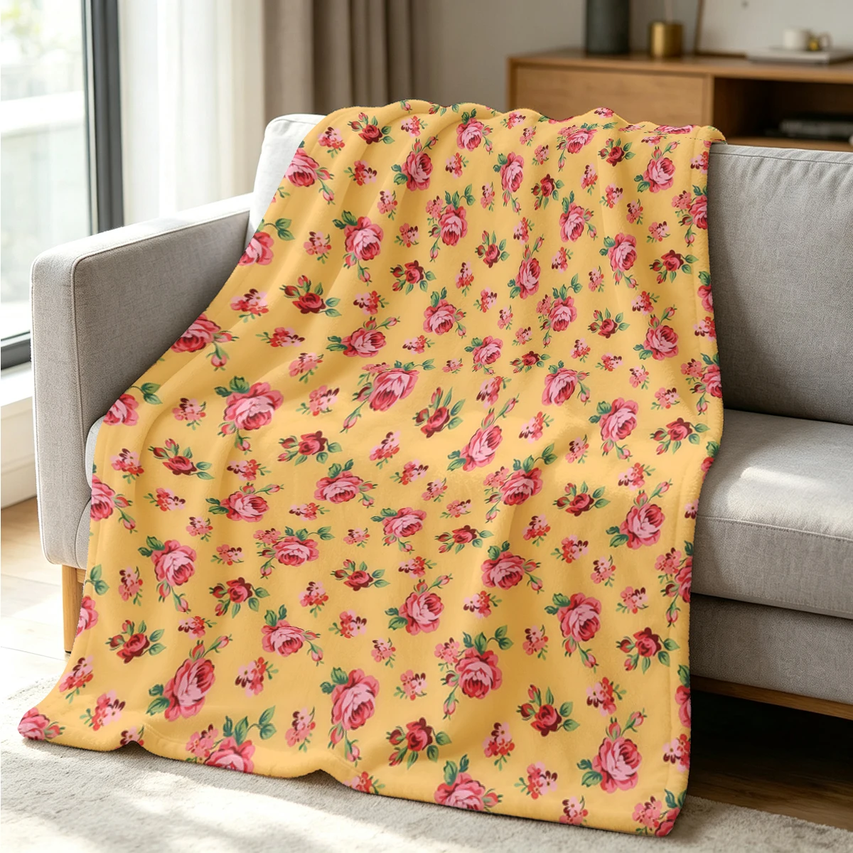 Yellow Floral Flannel Blanket Warm Soft Halloween Christmas Couch Warm Cozy Decorative Decor Gift for All Season
