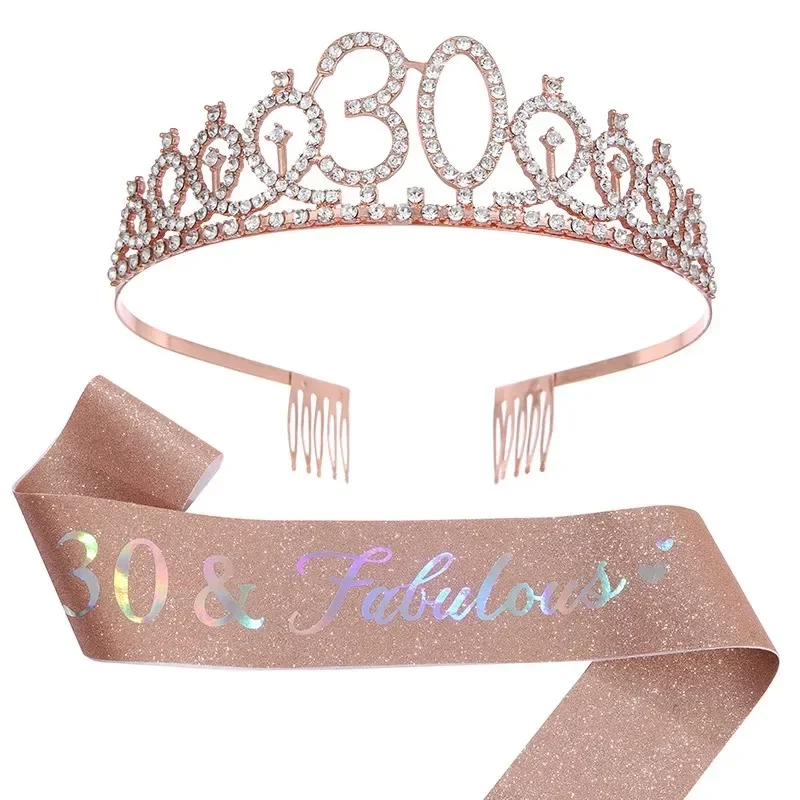 Birthday Crown Shoulder Strap Set Symphony Pink Belt Numbers 21 30 40 50 60 70 Ceremony Belt Party Headband Hair Woman Headbands