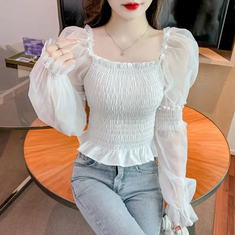 Heavy Industry Dingzhu Chiffon Shirt Women's New Style Western Style Super Fairy Square Neck Small Shirt Unique Short Top