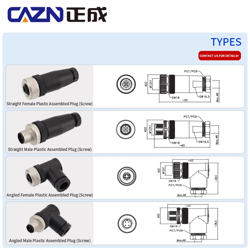 IP67 Rated Straight/Angle Male Female Plastic Assembly Plug 2-8 Pins A/B/D Code Screw Type PG7/PG9 Outlet for Cable Connection
