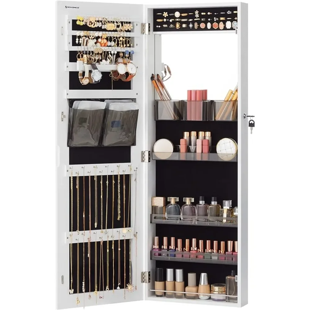 SONGMICS Jewelry Cabinet Armoire, Wall/Door Mount Storage Organizer with Full-Length Frameless Mirror, Lockable