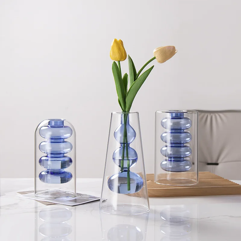 

Blue Glass Bubble Flower Vase, Modern Hand Blown Hollowed Out Glass Vase for Wedding Decorative, Home Décor Small Bouquet.
