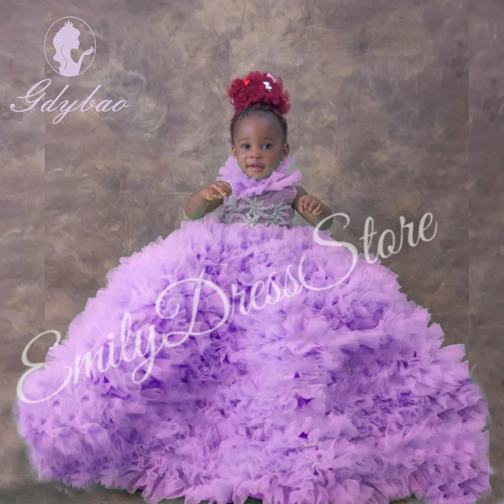 Vestido de niña de flores azul cielo para boda, apliques de tul hinchados con cuentas, princesa, bonito vestido de fiesta de cumpleaños eucarístico para niño