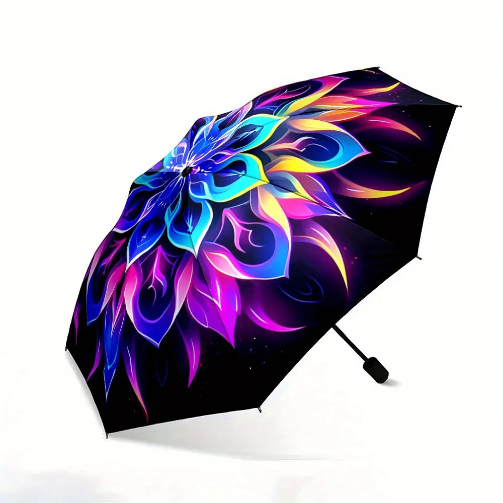 

Folding Umbrella The umbrella features a vibrant mandala pattern with swirling petals in colors like blue, pink, yellow, and o