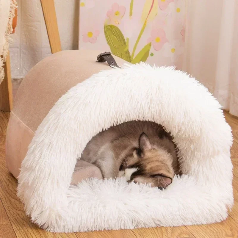 Winter Plush Cat Bed Large Size Dog Kennel Warm Cat House Villa Comfort Kitten Nest Closed Cats Home Puppy Sleep Mat