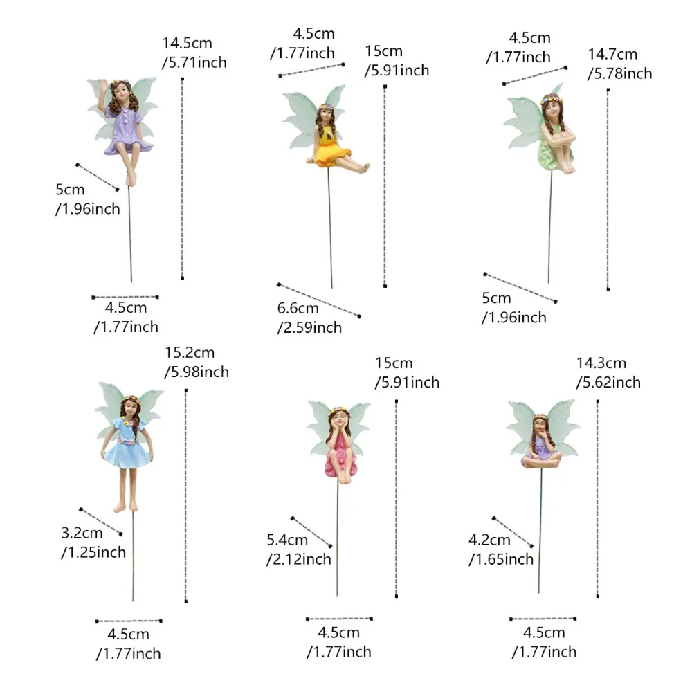 6PCS Multicolor Miniature Fairy Figurine Glow in The Dark Beautiful Wings Fairy Bonsai Ornament Resin Micro Landscape