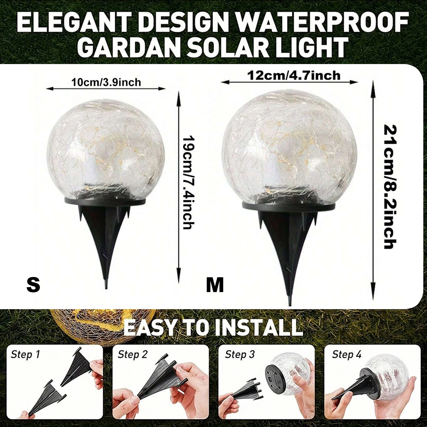 1PC Solar Cracked Glass Ball Lights Outdoor, Warm White & Color LED Garden Decor, Waterproof for Pathway/Lawn/Patio, IP65 Rated image 2