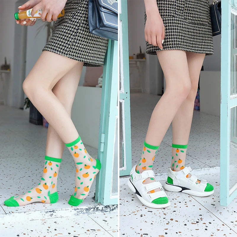 Women students Korea Style Animal Casual Harajuku Transparent Crystal Silk Trend Cartoon Fruit Breathable Glass Silk Socks Meias