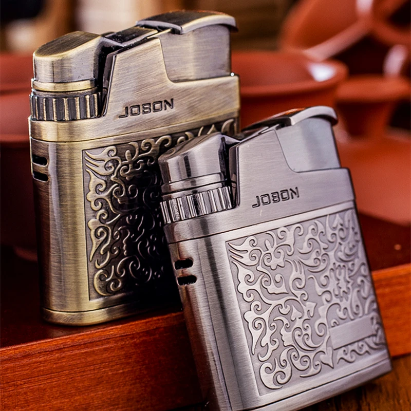 JOBON Embossed Butane Gas Lighter Jet Metal Windproof Torch Cigarette Cigar Lighter Retro Press Ignition Smoking Accessories