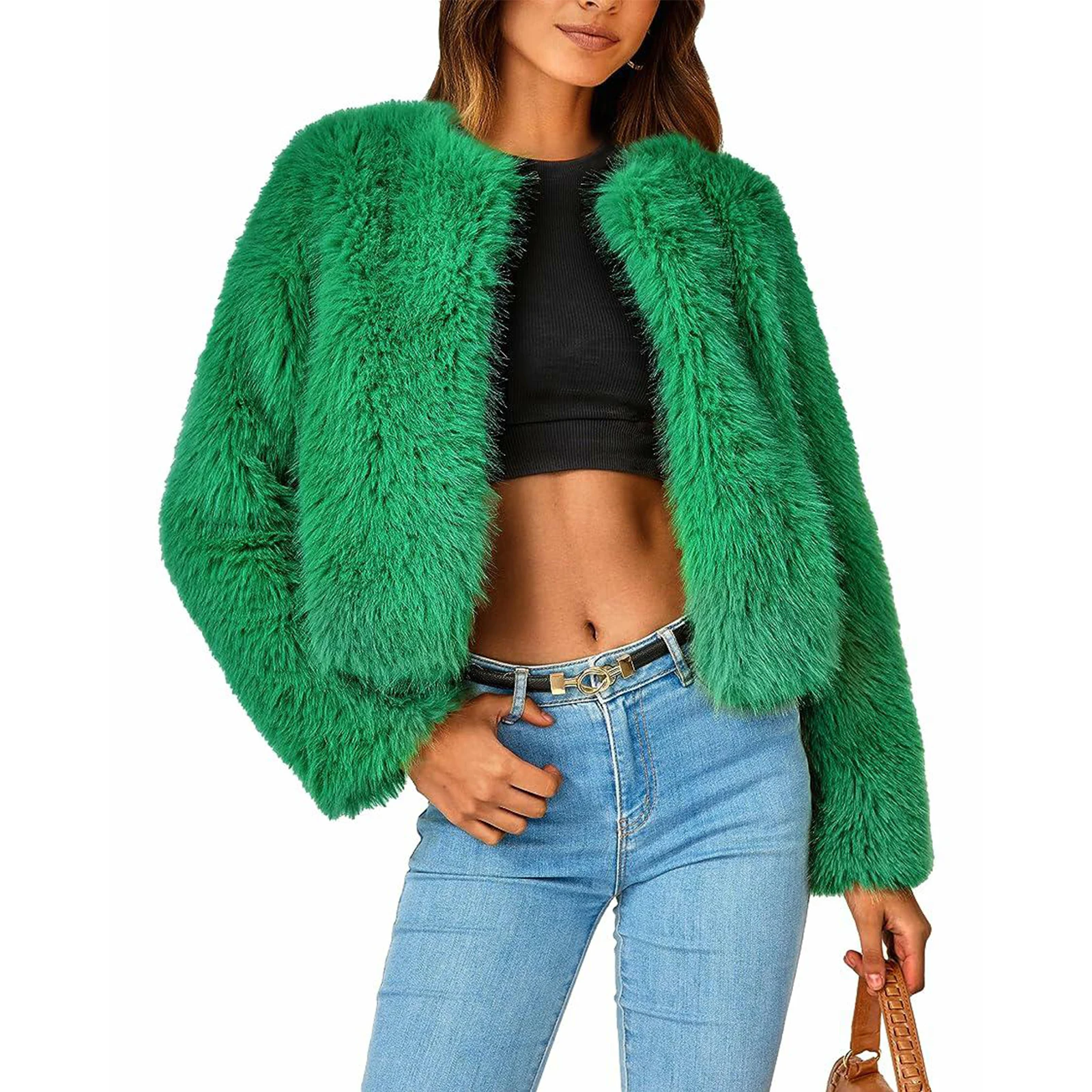 Women\'s Elegant Winter Faux Fur Coats Cardigans Fleece Cropped Jacket Solid Color Long Sleeve Shaggy Warm Outerwear Coats