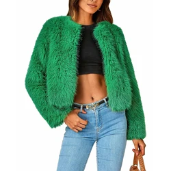 Women's Elegant Winter Faux Fur Coats Cardigans Fleece Cropped Jacket Solid Color Long Sleeve Shaggy Warm Outerwear Coats