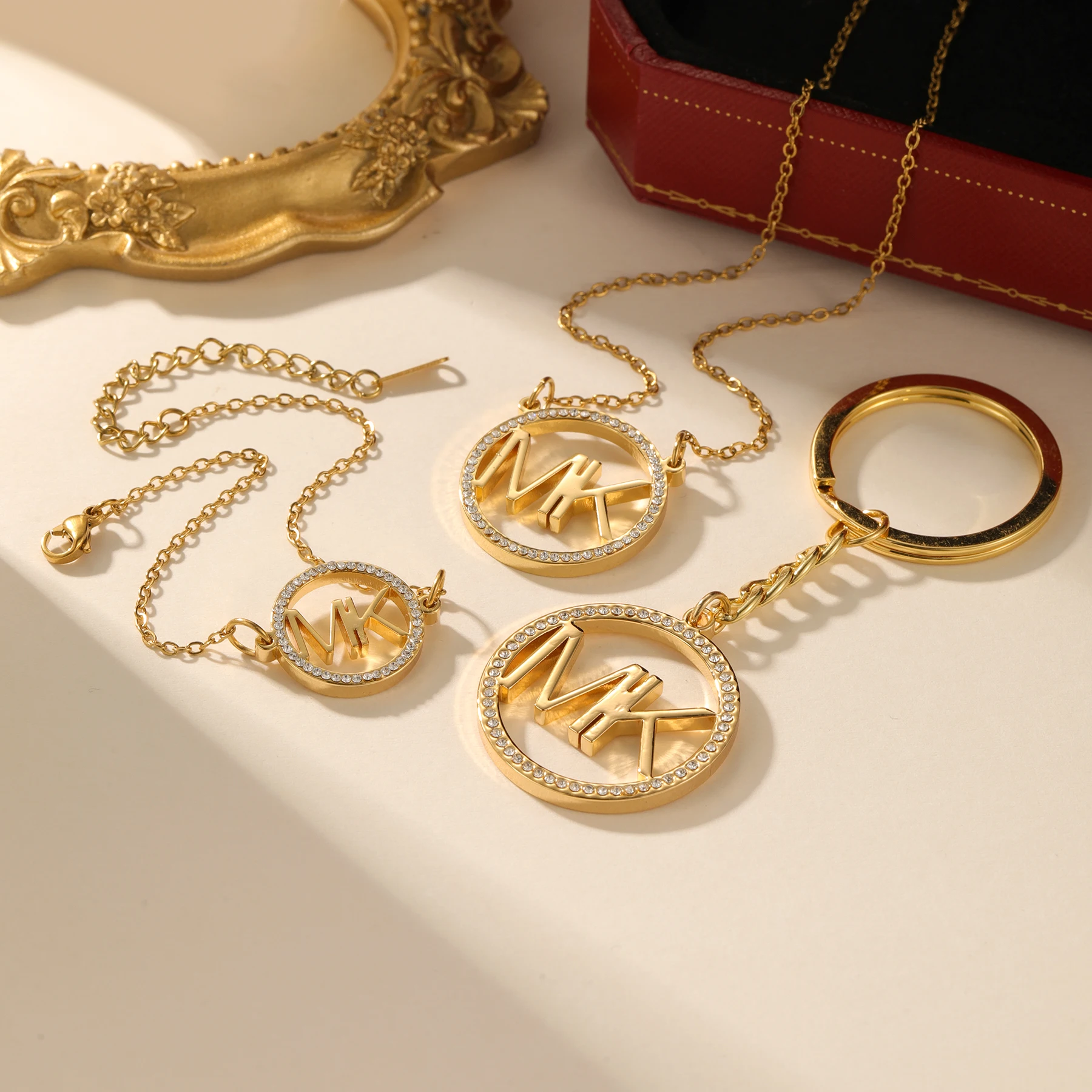 

Комплект ювелирных изделий на заказ, комплект из 3 предметов, ожерелье, браслет, брелок толщиной 3 мм, кулон в виде круга, кристаллическая рамка, позолота 18 карат