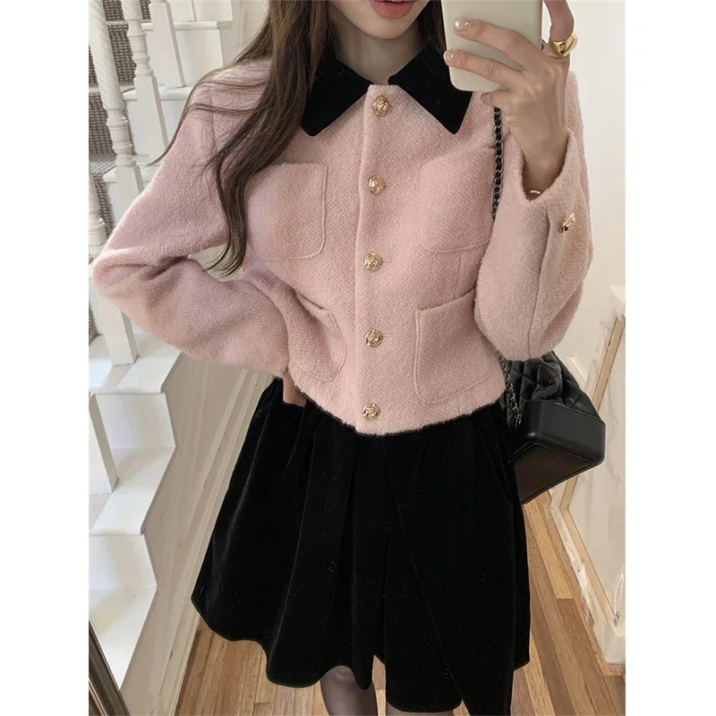 MEXZT Vintage Cropped Wool Blends Coats Women Sweet Pink Patchwork Jacket Winter Commute Woolen Overcoat Korean Chic Outwear New