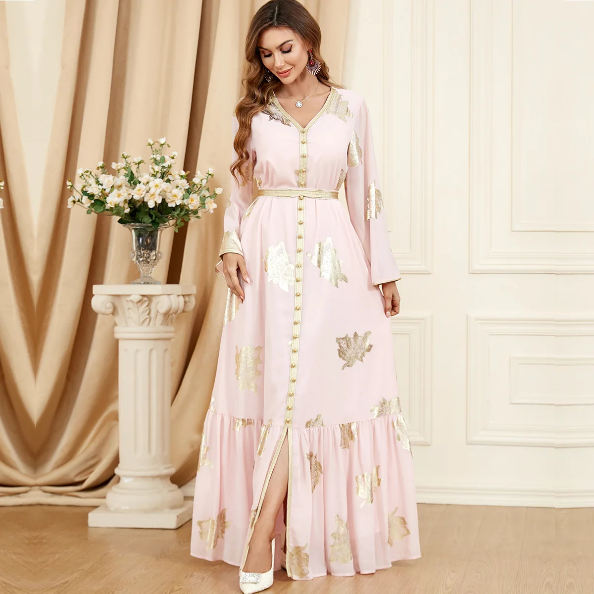 3203 Muslim long robe chiffon hot stamping with a slit,  loose fitting women's long sleeved dress